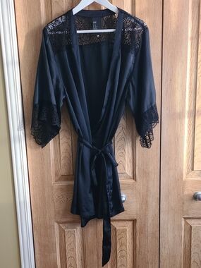 H&M Black Satin Robe with Lace Trim